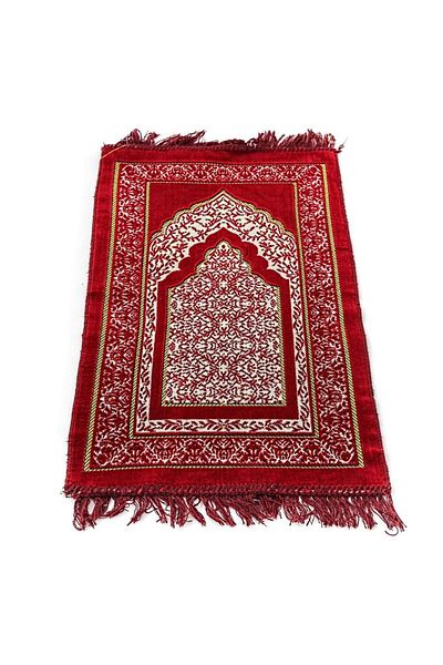 İkranur Velvet Children's Prayer Mat - Red 39X80 cm - 180 Gr - with Rosary Gift