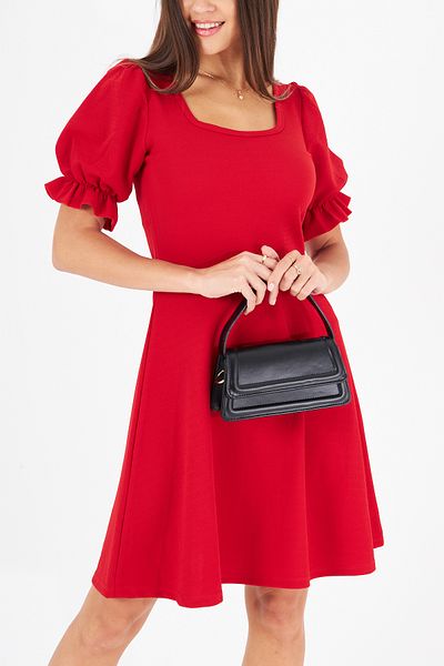 ESPİNA Women's Square Neck Balloon Sleeves Mini Length Crepe Dress