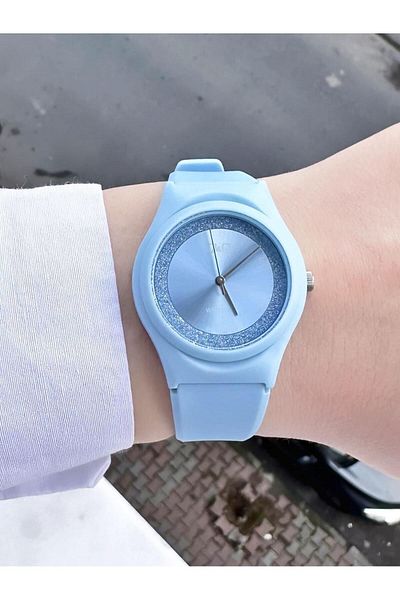 Q&Q Blue Glitter Detailed Waterproof Frame - Women's Sports Analog Wristwatch
