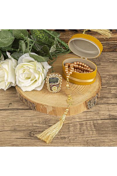 İkranur هدية عيد الأم الفاخرة Zikrmatik وخرز الصلاة اللؤلؤي، صندوق القطع الناقص، مغطى بالتدفق، زجاج شبكي عاكس - Sar