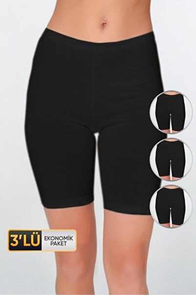 Çift Kaplan Kadın Elastanlı Uzun Siyah Şort 611 3'lü