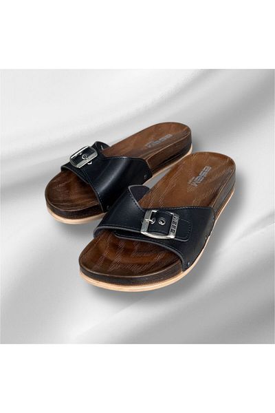 Esem Women's Black Single Buckle Comfort Sole Slippers