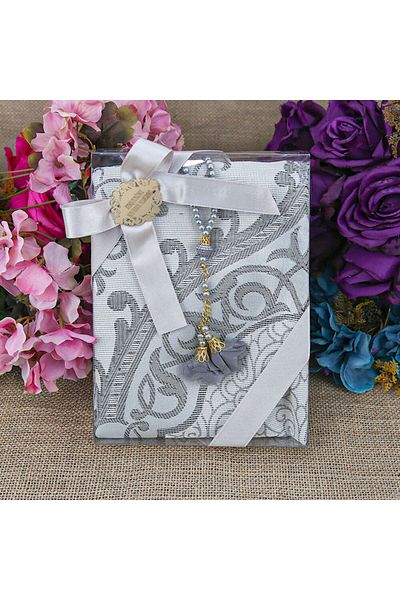 İkranur Gift Silk Nur Taffeta Prayer Rug Dark Gray & Rose Pearl Rosary 8 Mm Dark Gray