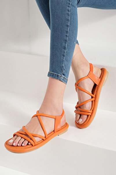 Beyond Women's Orange Spark Cross Strapped Puff Elastic Leather Sandals 2cm Byndsprk01