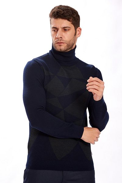 Ecer Turtleneck Geometric Pattern Long Sleeve Navy Blue Men's Knitwear77022123