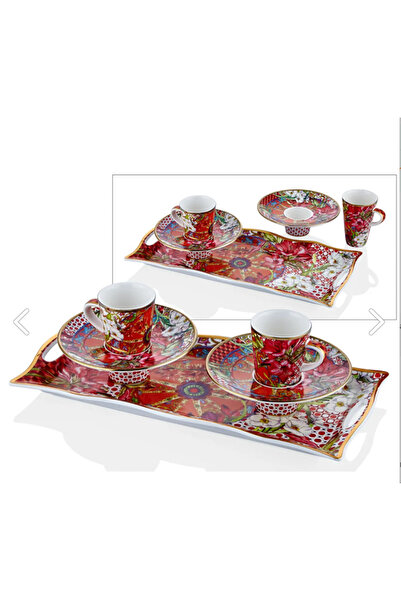 Erden Home Design LAMEDORE Lilyum Desen Porselen Tepsili 2li Kahve Fincan Seti