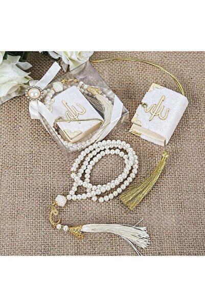 İkranur Hediyelik Mini Kuran, Inci Tesbihli Kare Kutulu Set-beyaz