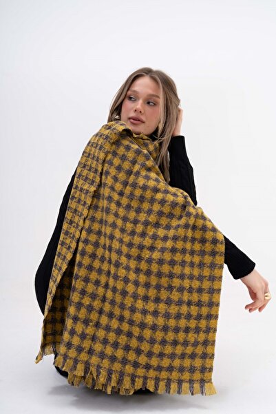 The Moirai Houndstooth Patterned Cashmere 100% Viscose Salmon-Brown Shawl