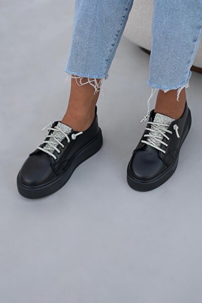 Beyond Kadın Siyah Felicita Taşlı Deri Sneaker Spor Ayakkabı 4cm Byndabd1326
