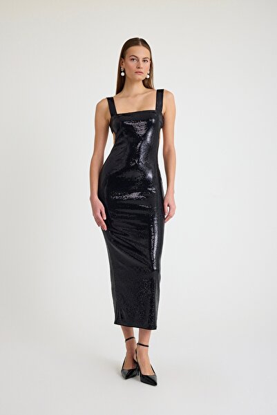 TARA COŞKUNTUNCEL Payetli Cut-Out Detaylı Askılı Midi Elbise