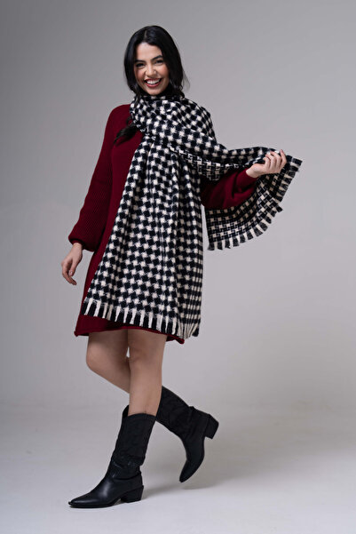 The Moirai Houndstooth Patterned Cashmere 100% Viscose Navy Blue White Shawl