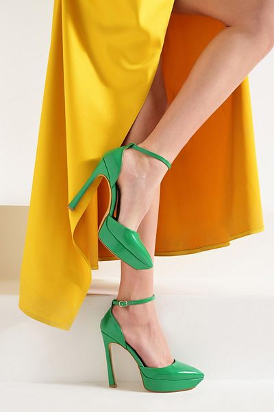 Beyond Grass Green Patent Leather Platform Evening Dress - Pointed Toe, Ankle Strap, 13cm Byn