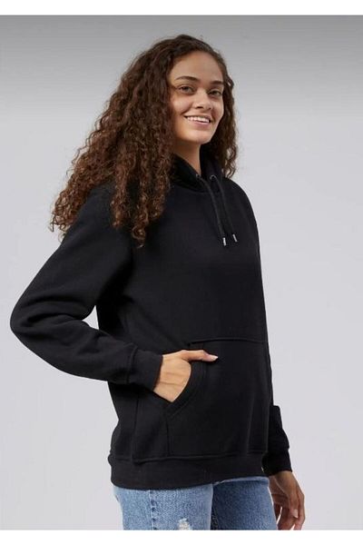 THE WHITE Black Kangaroo Pocket Hooded Women's Sweatshirt
