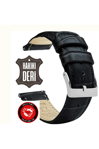 onlinekordon 20mm Siyah Krokodil Desenli Hakiki Deri Saat Kordonu Kayışı Akıllı Pimli