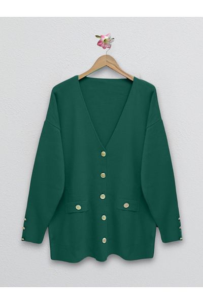 Modamorfo Emerald Metal Cardigan - Button and Pocket Detail