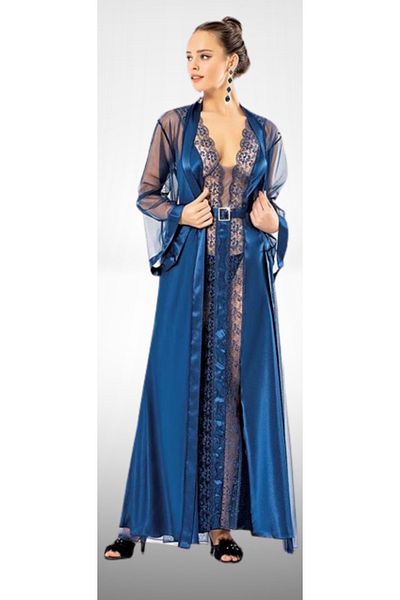 Cooqpoo Albastru Mărimea S-M-L-XL Set cămașă de noapte lungă din tul transparent din dantelă