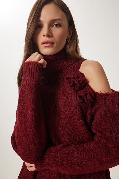 Lovelyİstanbul Pulover tricotaj cu un singur umăr cu motiv floral roșu Claret...