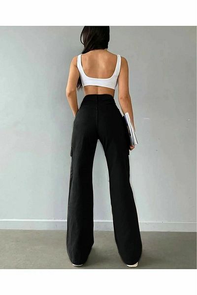 DRC trend Lukcy Black Colorfast Lycra Back Pocketless Model Cargo Palazzo Pants
