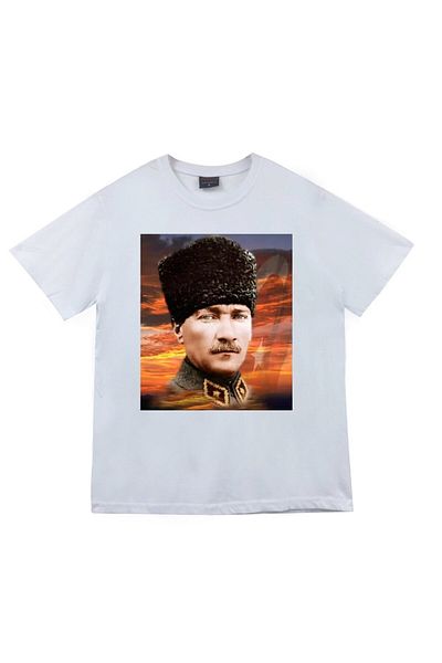 fame-stoned Unisex Λευκό μπλουζάκι με στάμπα Mustafa Kemal Atatürk