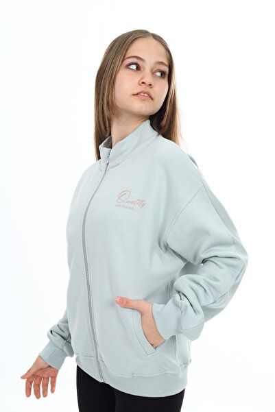 Toontoy Girl's Mock Neck Zippered Pockets Off-Shoulder Embroidery Printed Knitted Cardigan -3 Thread Without Sharudun