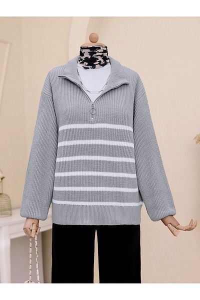 Modamorfo Pulover din tricot cu dungi laterale cu jumătate de fermoar -gri