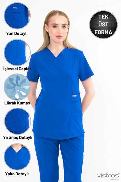 Vistros Medikal Likralı Üst Kısa Kollu V Yaka Yüksek Kaliteli Scrubs Hemşire ...