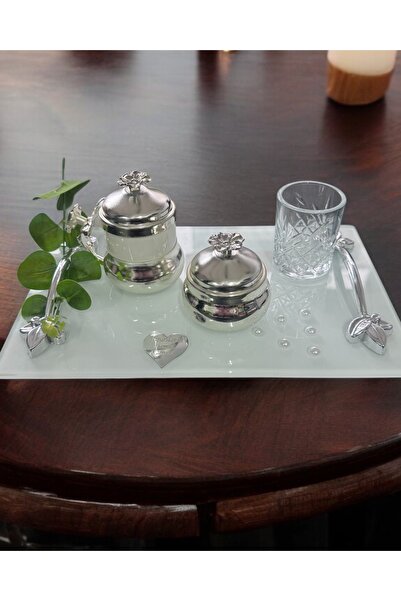 Cyz Home Adore Silver White Pearl Promise Tray Engagement Tray and Groom Coffee Cup Tray