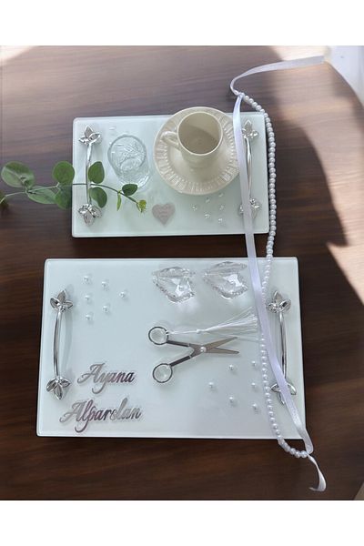 CyzHome Adore Silver White Pearl Promise Tray Engagement Tray and Groom Coffee Cup Tray