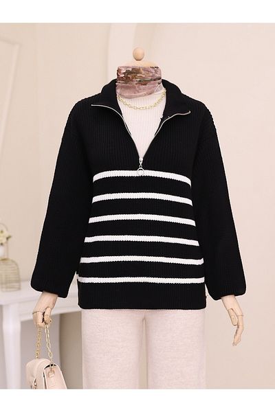 Modamorfo Pulover din tricot cu dungi laterale cu jumătate de fermoar - negru