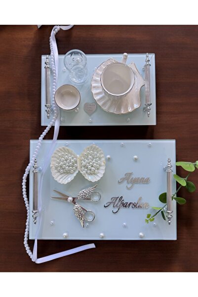Cyz Home Bonding Gümüş Beyaz İncili Söz Tepsisi Nişan Tepsisi ve Damat Kahve ...