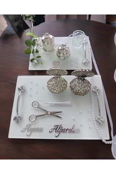 CyzHome Adore Silver White Pearl Promise Tray Engagement Tray and Groom Coffee Cup Tray