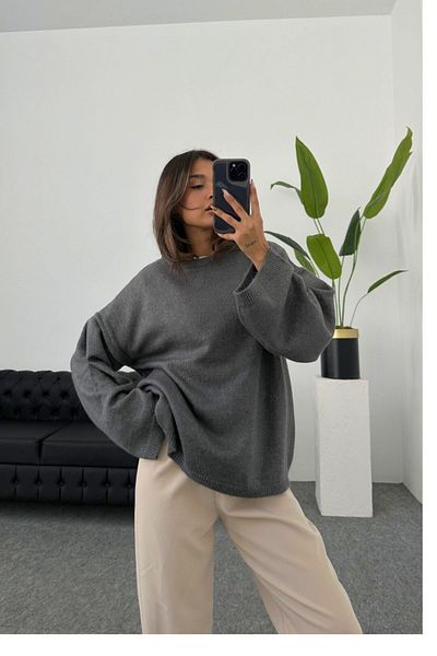 FMN Moda Women Oversize Loose Fitting Pinterest Wide Sleeve Knit Knitwear O-Neck Medium Length Soft Sweater