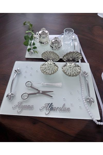 CyzHome Adore Silver White Pearl Promise Tray Engagement Tray and Groom Coffee Cup Tray