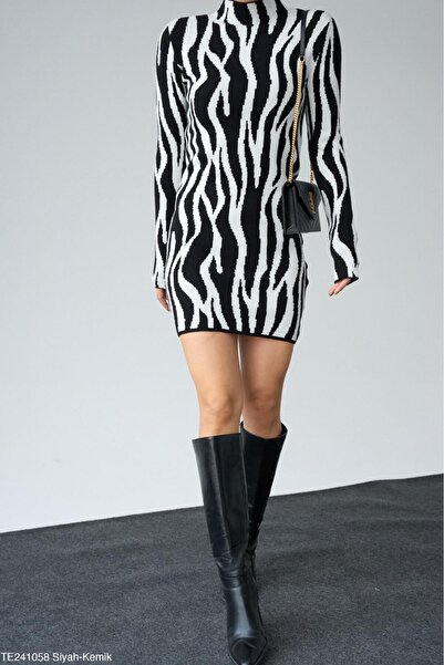 Lupies Kadın Dik Yaka Zebra Desen Triko Elbise