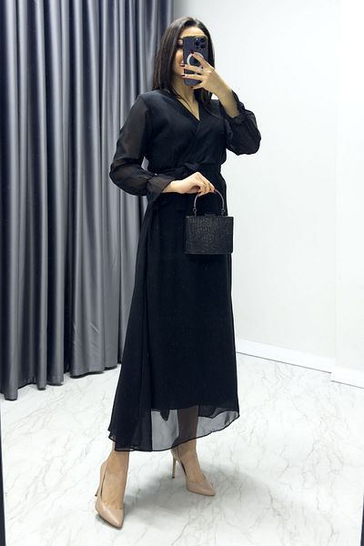 thezkscom Black Double-breasted Collar Lined Plus Size Chiffon Lined Dress Sk