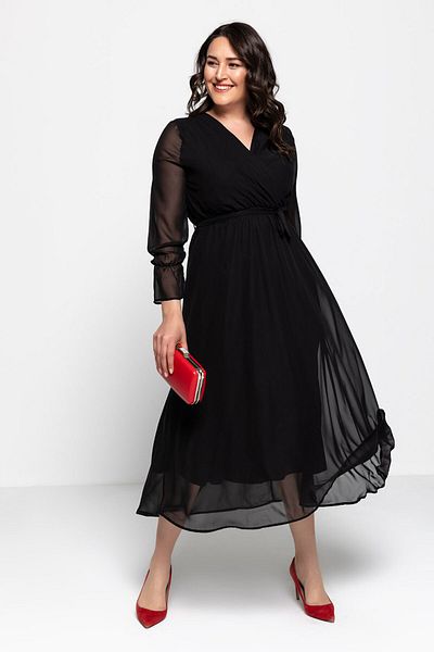 thezkscom Black Double-breasted Collar Lined Plus Size Chiffon Lined Dress Sk