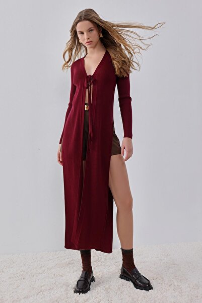 pieces of melon Bordo Yandan Yırtmaçlı Uzun,Bağlama Detaylı Triko Hırka