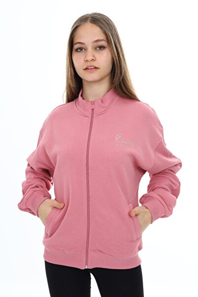 Toontoy Girl's Mock Neck Zippered Pockets Off-Shoulder Embroidery Printed Knitted Cardigan -3 Thread Without Sharudun