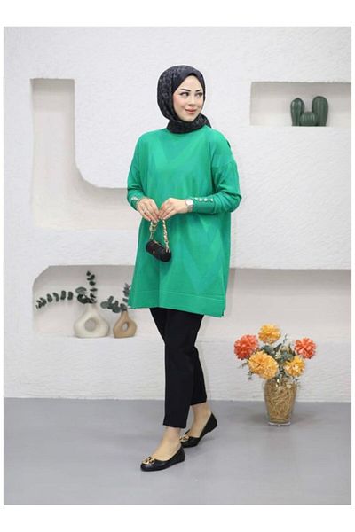 MY CİTY YASEMEN Women's Sleeve Buttoned Zickzack Pattern Mercerize Tunic