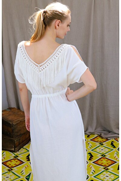 Su Koleksiyon Φόρεμα από ύφασμα Sile με λεπτομέρεια από βελονάκι στο γιακά