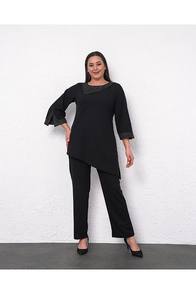 Butik Nilyam Μεγάλο μέγεθος ελαστικό μαύρο βραδινό φόρεμα - Glitter μαντήλι γιακά, μπλούζα και παντελόνι 24707