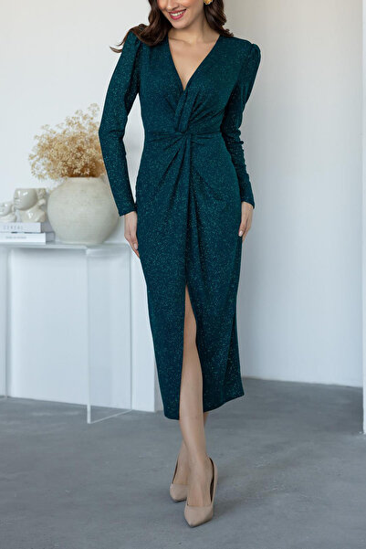 Neşeli Butik γυναικείο βραδινό φόρεμα με λεπτομέρειες ασημί NBMY3633