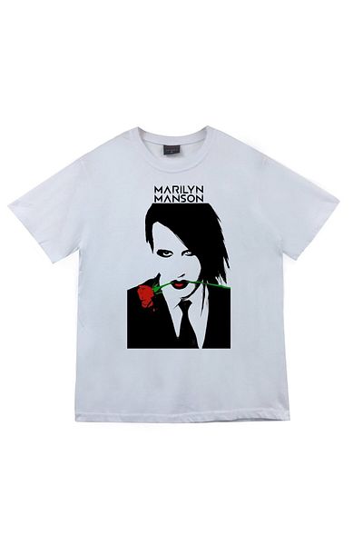 fame-stoned Λευκό μπλουζάκι Marilyn Manson Printed Unisex 100% βαμβάκι