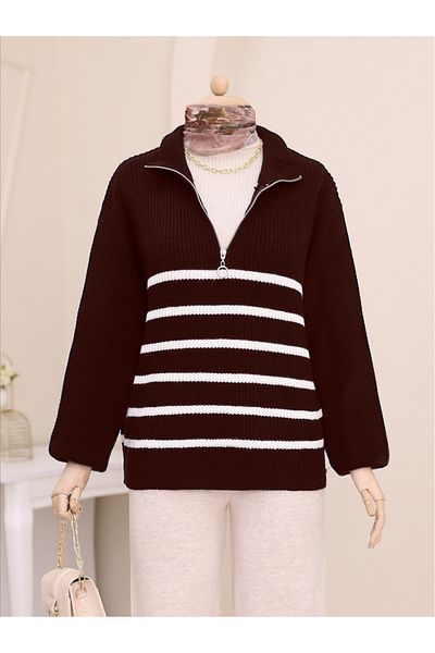 Modamorfo Pulover din tricot cu dungi laterale cu jumătate de fermoar -visiniu