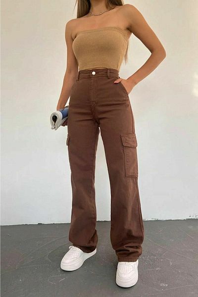 DRC trend Pantaloni Cargo Palazzo de damă, maro, fără decolorare, din Lycra, fără buzunar la spate