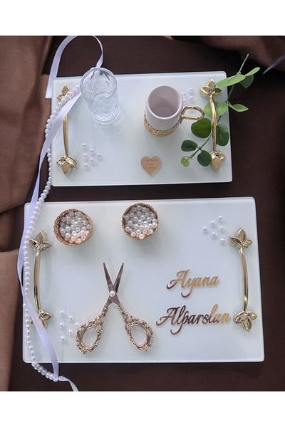 CyzHome Adore Gold White Pearl Promise Tray Engagement Tray and Groom Coffee Cup Tray