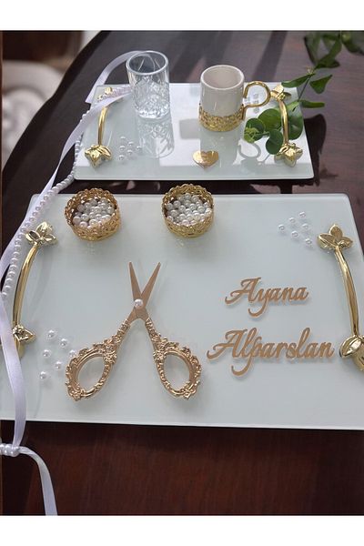 CyzHome Adore Gold White Pearl Promise Tray Engagement Tray and Groom Coffee Cup Tray