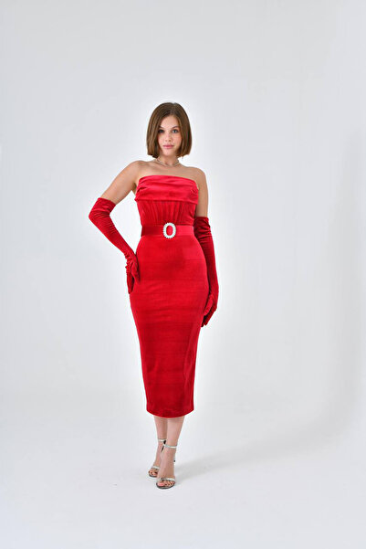 Neşeli Butik kadın straplez eldivenli fransız kadife abiye elbise NBS9334