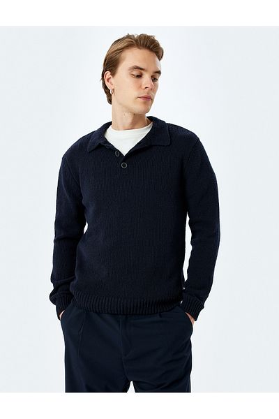 Koton Buttoned Polo Neck Cotton Blended Basic Long Sleeve Knitwear Sweater