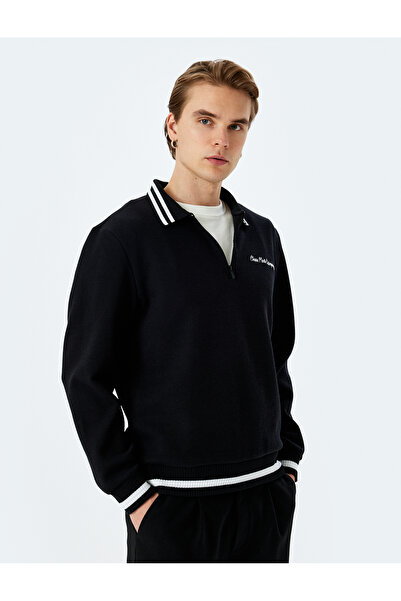 Koton Şerit Detaylı Uzun Kollu Yarım Fermuarlı Slogan İşlemeli Sweatshirt